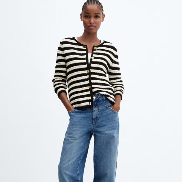 Mango MNG Striped cardigan sweater with jewel buttons Ladies small Black white - Picture 3 of 4